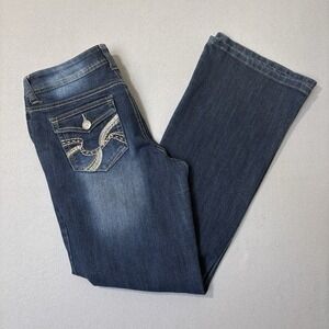 L.E.I. Jeans Juniors 11 Long Sophia Hipster Flare Dark Rinse Embroidered Pockets